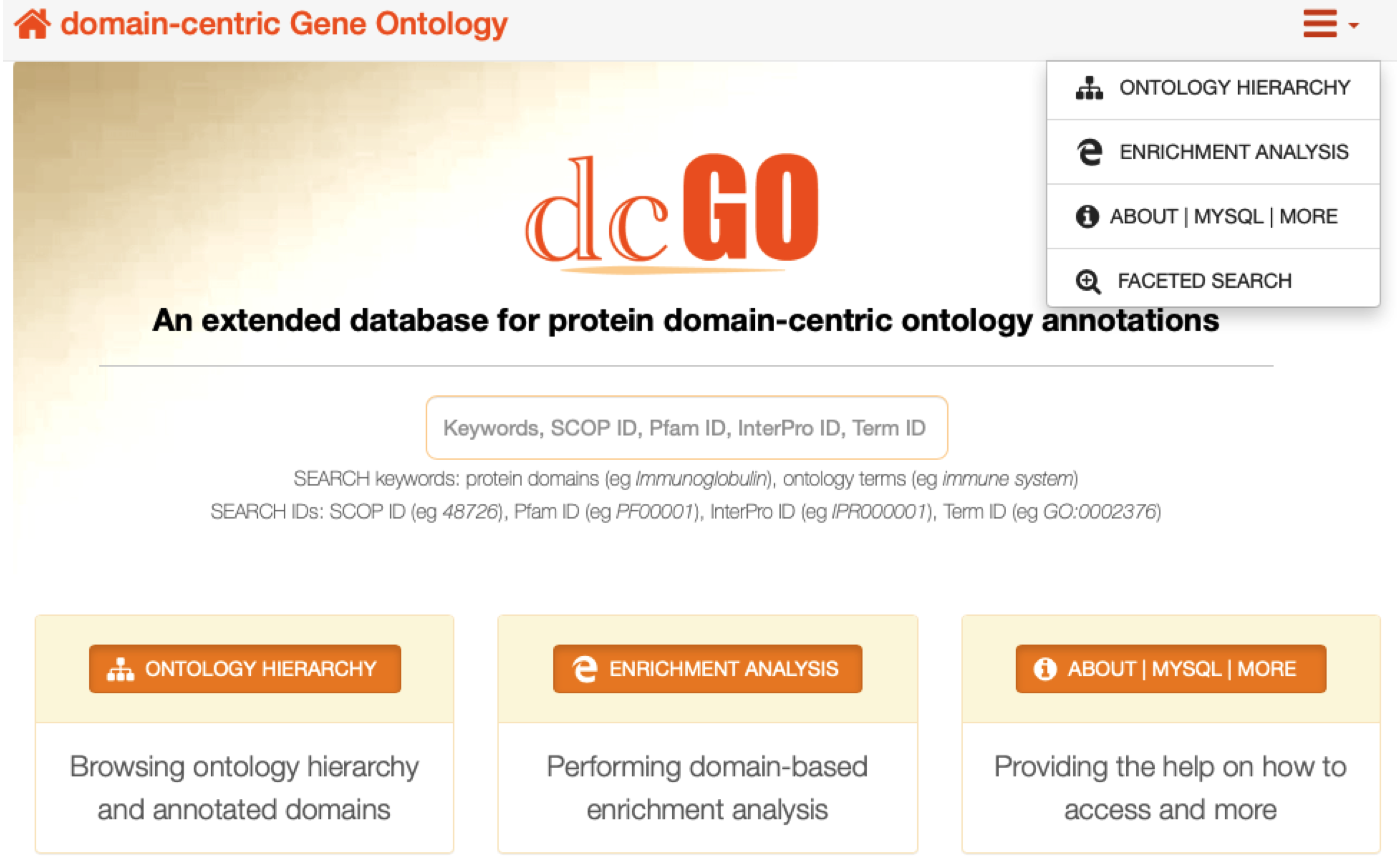 The landing frontpage of the dcGO webserver, featuring 3 key mining opportunities: `FACETED SEARCH`, `ONTOLOGY HIERARCHY` and `ENRICHMENT ANALYSIS`.