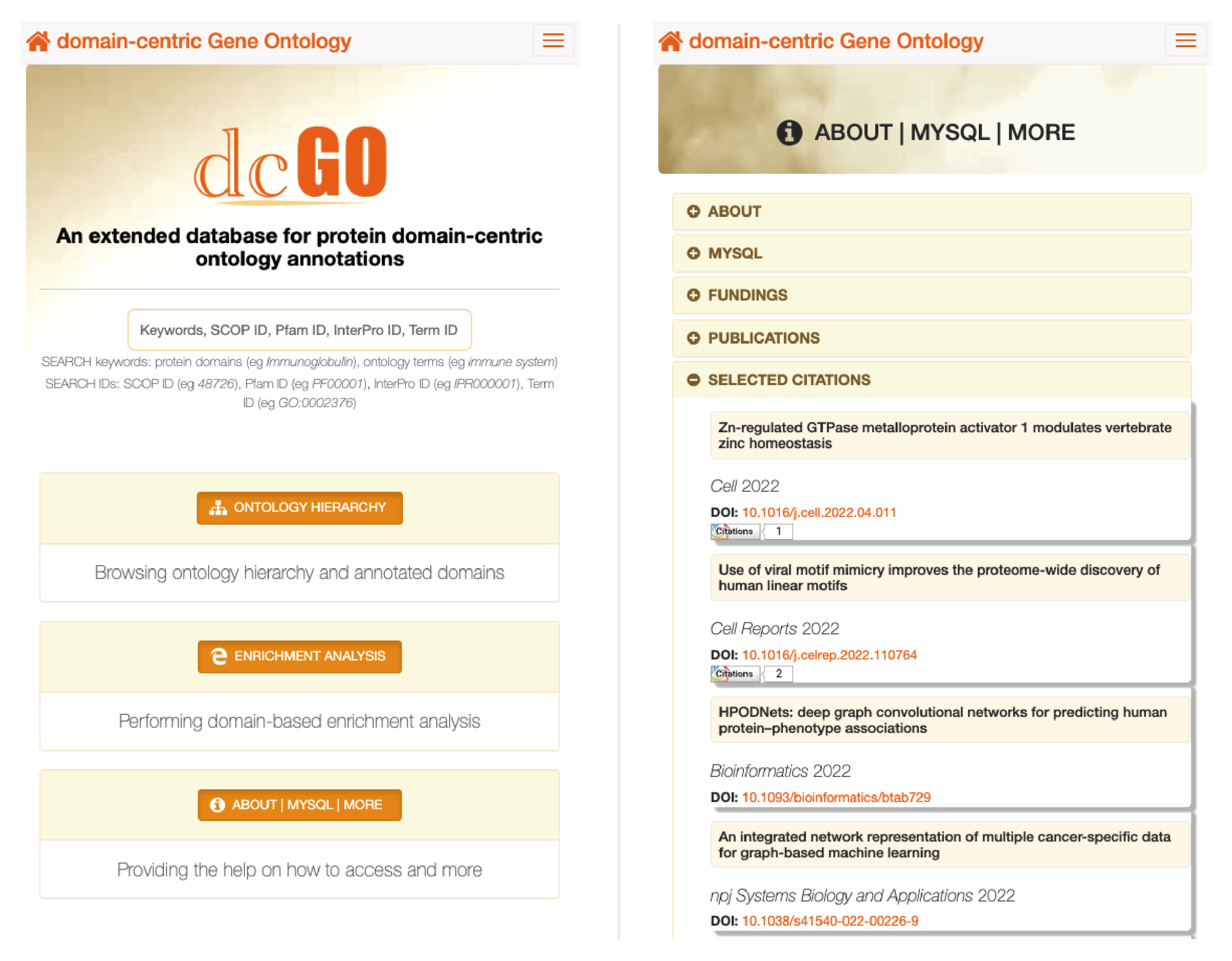 The screenshots for the dcGO visited using a smartphone. Left: the frontpage; Right: the help page.