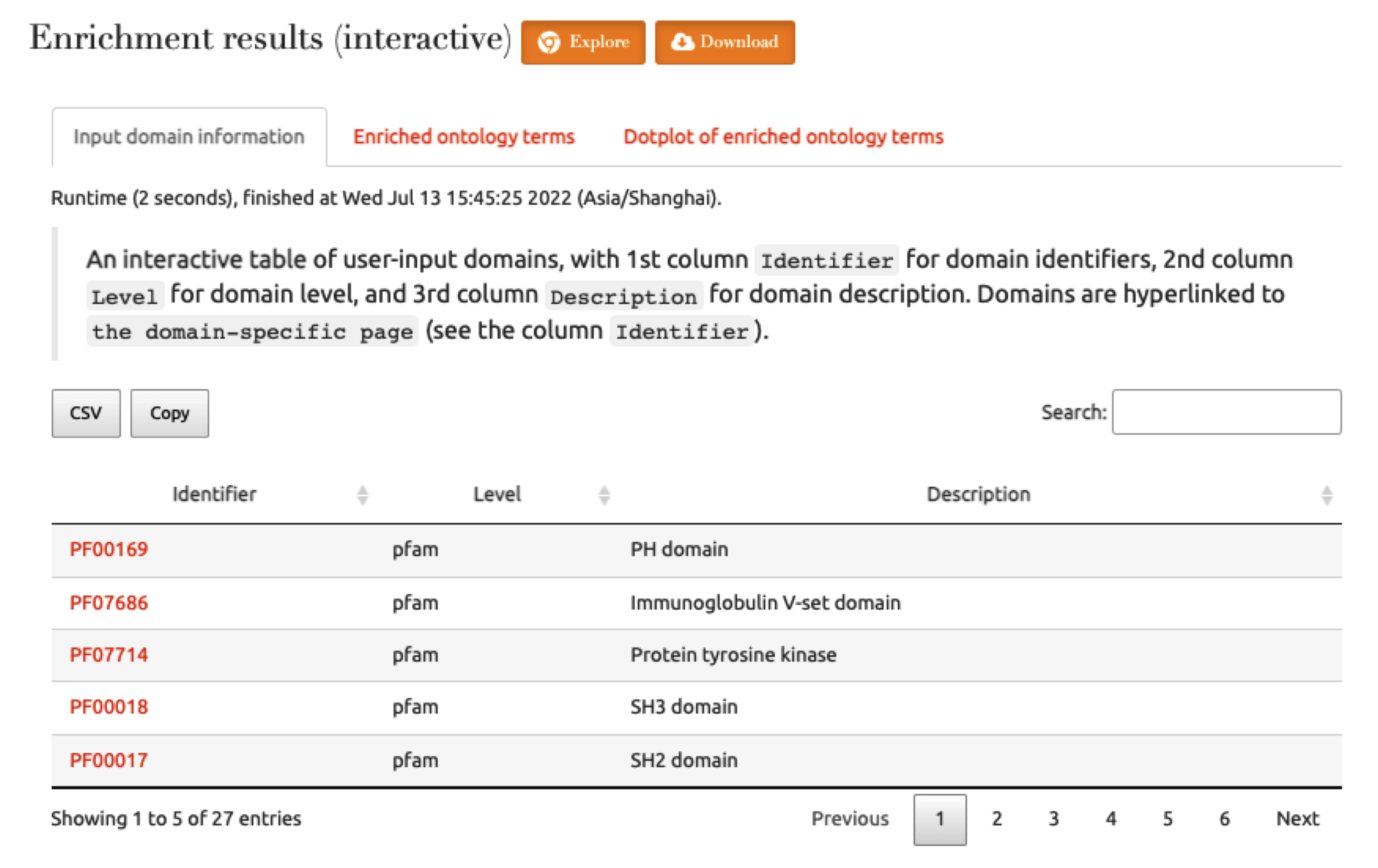 The user-input data under the tab `Input domain information` returned for the exploration.