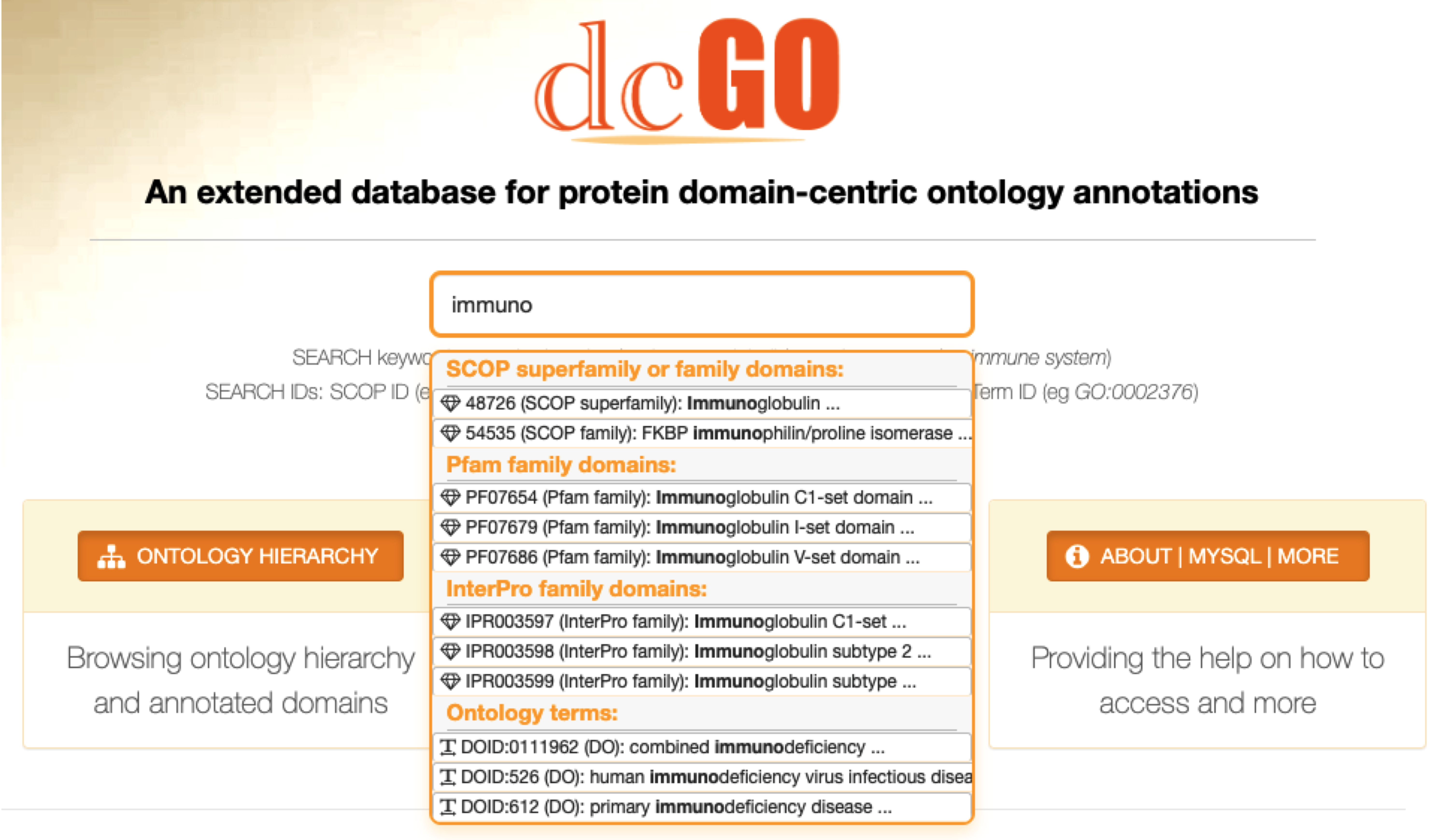 Faceted search enabling various mining opportunities of the dcGO resource, all in one go.